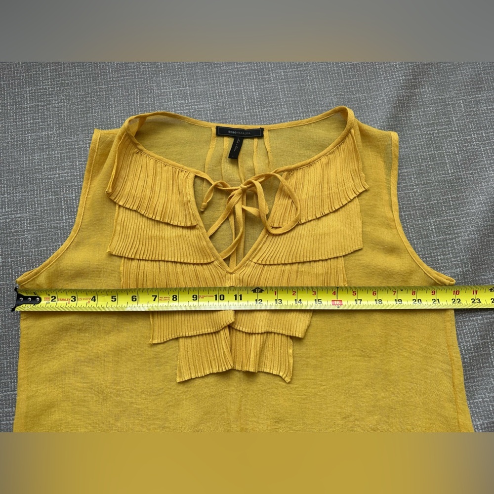 BCBGMAXAZRIA Sheer Yellow Ruffle Front Sleeveless Top – Size Large - Picture 8 of 9